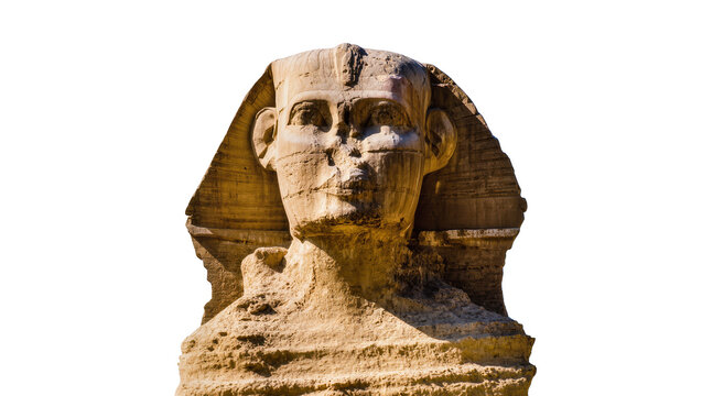 Ancient weathered limestone Sphinx statue depicting pharaoh face, resting on sandy pedestal
