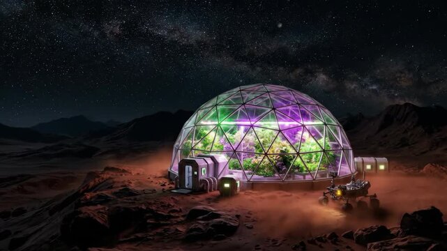 Artificial greenhouse dome on Mars surface with rover. Futuristic base for plant cultivation in outer space. Astronaut colony development and scientific research station in alien galaxy at night