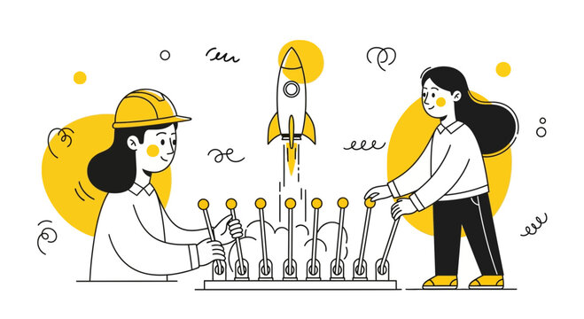 Team work start a new project by launch a rocket for a firm now today