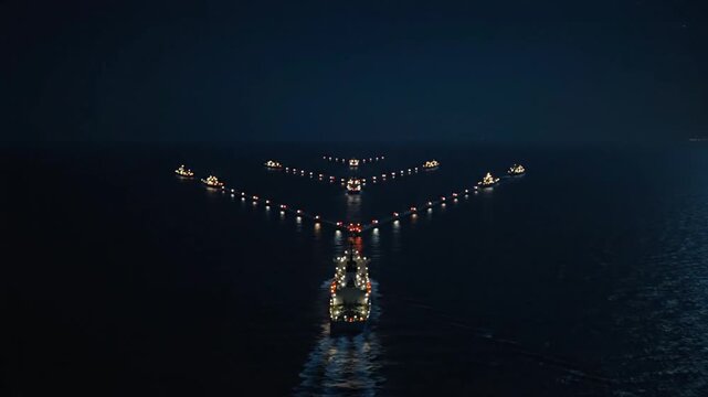 A fleet of illuminated ships glides across the dark ocean at night, maintaining a precise V formation. Their lights create a striking pattern against the deep blue water in this aerial view.