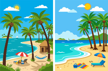 Naklejka premium Tropical beach banners with palm trees, beach hut, hammock, and ocean vacation vector.