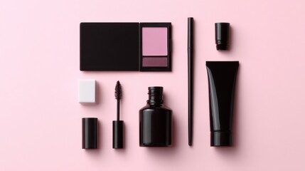 Obraz premium An arrangement of makeup tools and products on a soft pink background, showcasing beauty essentials