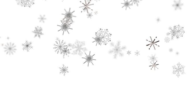 Decorative snowflakes falling in winter on white background, creating a calm and peaceful winter sce