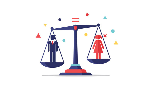 Gender equality concept showing the scales of justice perfectly balanced with a male and a female figure on each side.