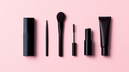Obraz premium A symmetrical arrangement of various black cosmetic tools on a soft pink background