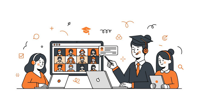 Online education learning platform with students and teacher using laptops for virtual university class study session