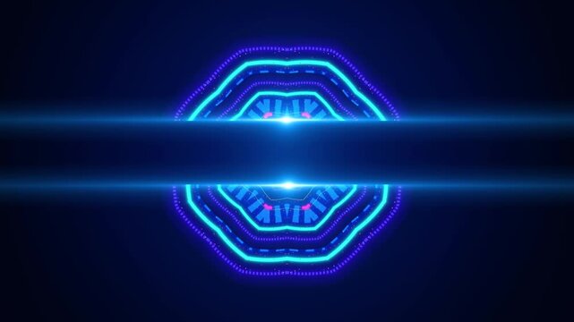 Vibrant Abstract Neon Kaleidoscope With Glowing Cyan And Magenta Geometric Patterns Pulsating On A Dark Blue Background. Symmetrical Digital Art With A Bright Center Light Flare And A Horizontal Bar