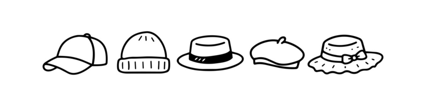 Set of hand-drawn doodle hats including a baseball cap, beanie, fedora, beret, and sun hat. Minimalist black and white line art icons for fashion and seasonal apparel design.