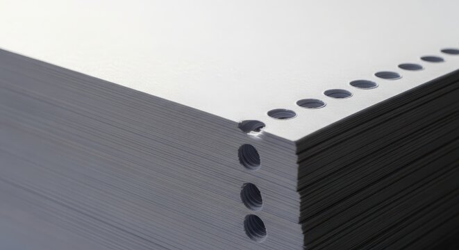 Stack of continuous stationery computer paper with sprocket holes for dot matrix printers
