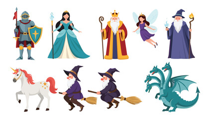 Fototapeta premium Diverse collection of mythical fantasy characters including a brave knight, elegant princess, majestic king, magical fairy, and unicorn.