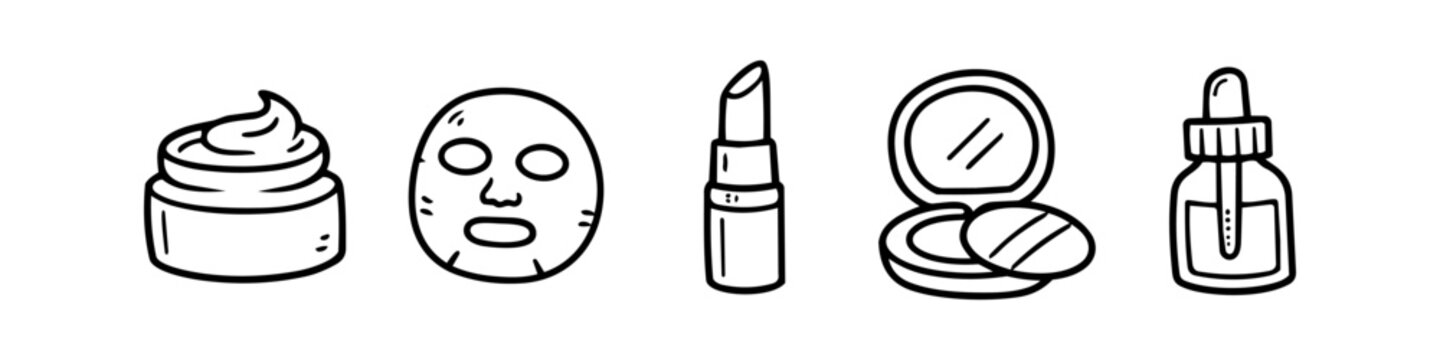 Set of hand-drawn beauty and skincare icons including cream, sheet mask, lipstick, powder compact, and serum bottle. Minimalist black line art doodles for spa, health, and makeup designs.