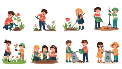 Fototapeta premium Joyful scenes of young children engaged in various outdoor gardening tasks such as planting flowers, raking leaves, and composting.