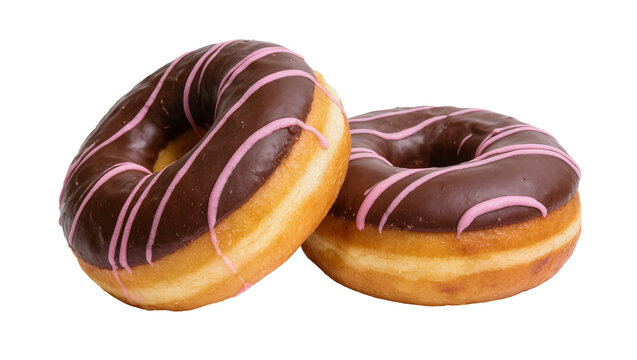 Chocolate glazed donuts drizzled with pink icing, stacked together