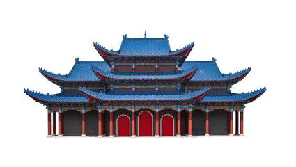 Obraz premium Elaborate tiered Chinese temple, featuring vibrant blue roofs and ornate red pillars
