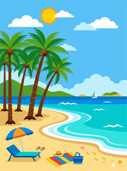 Obraz premium Tropical beach landscape with palm trees, beach chair, picnic mat, and ocean waves vector.