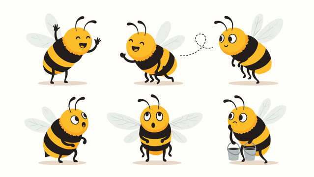 Set of adorable cartoon bee characters showing various emotions and activities like flying, waving, and carrying honey buckets.