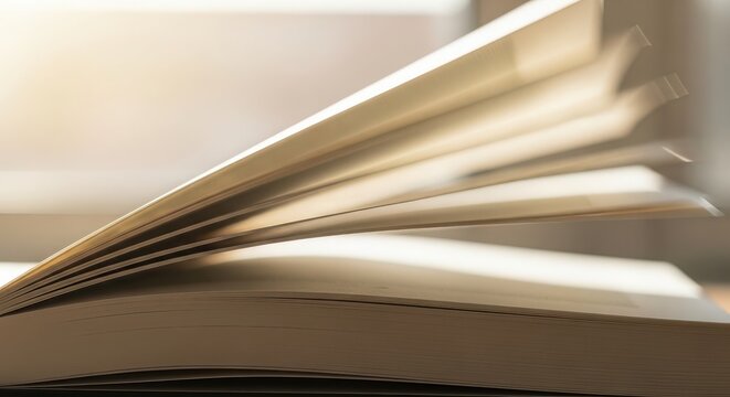 Closeup of an open book with pages flipping, soft natural lighting, shallow depth of field, educational concept
