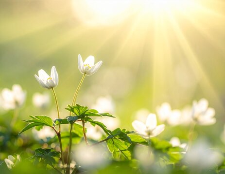 春に咲く小さい白い花に日差しが当たっている　癒し　自然