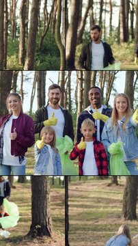 Split screen of likable positive responsible diverse male and female persons:conservationists which cleaning the environment from scattered rubish and looking into camera with plastic packs