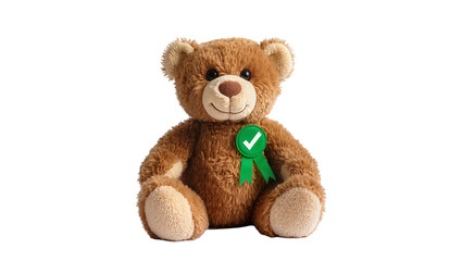Obraz premium Brown plush teddy bear sitting, wearing green ribbon with checkmark