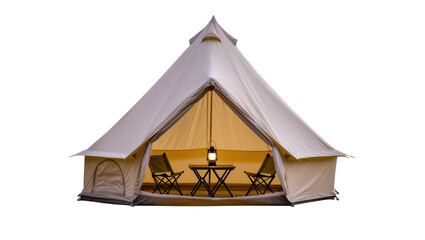 Large canvas bell tent featuring two folding chairs, and a lantern inside © Sindre