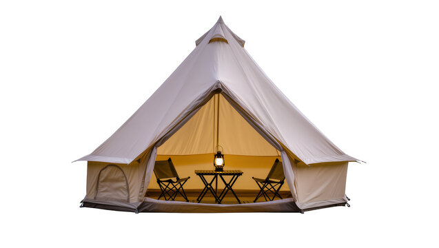 Large canvas bell tent featuring two folding chairs, and a lantern inside