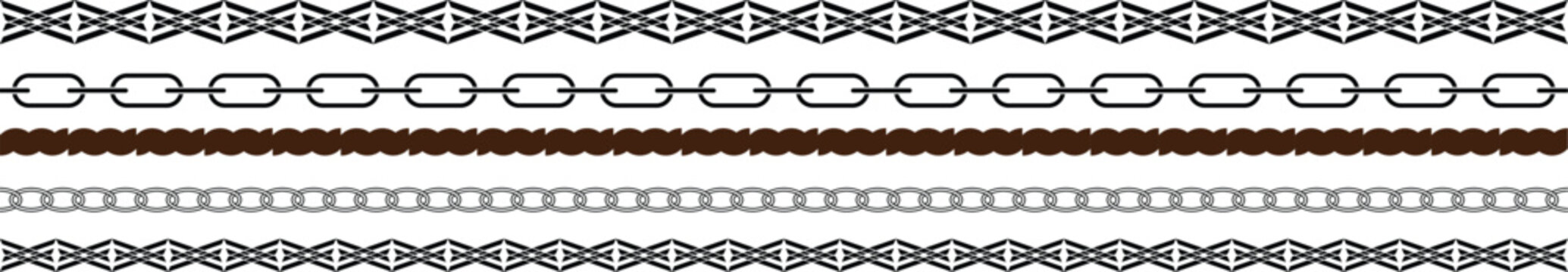 Vector illustration of various ornamental border designs and patterns including geometric shapes chains braids and scrolls on white background