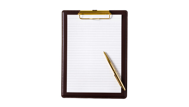 Brown leather clipboard holding lined paper, gold pen resting diagonally