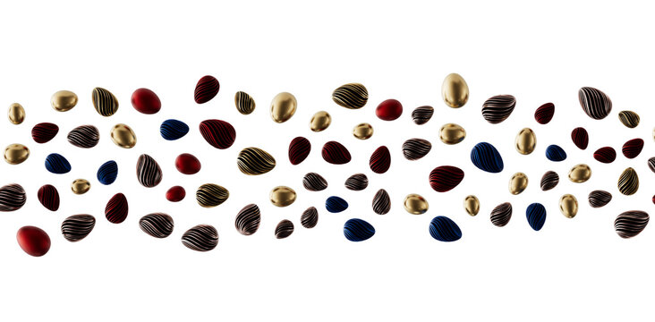 Elegant collection of decorative eggs in gold, red and blue against a white background. Perfect for Easter, design or ho