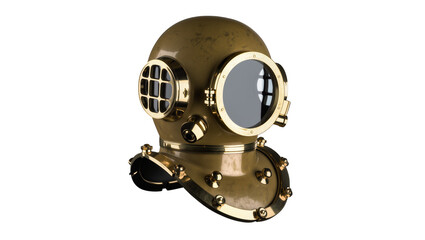 Vintage brass diving helmet, featuring circular glass portholes and numerous bolted connections © Sindre