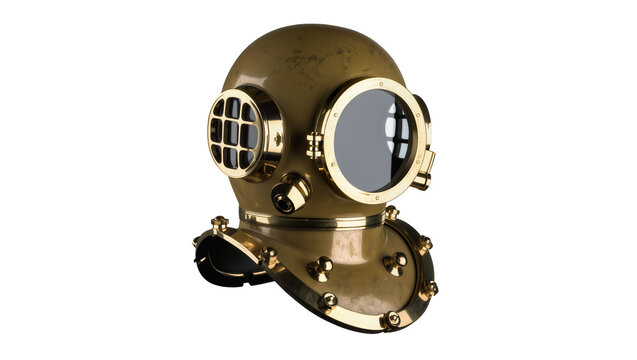 Vintage brass diving helmet, featuring circular glass portholes and numerous bolted connections