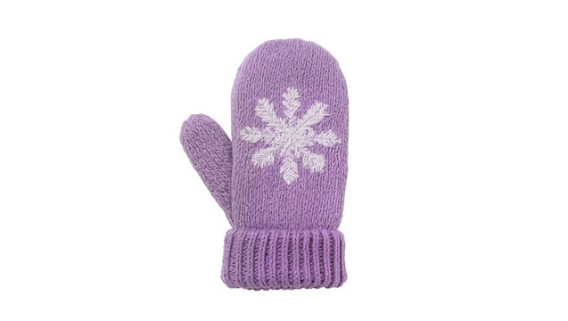 Purple knitted mitten, displaying a delicate snowflake embroidery design