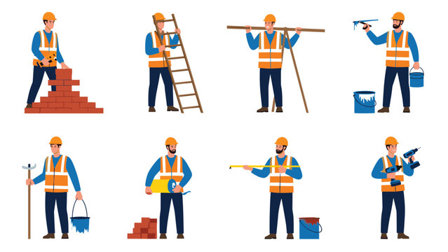 Professional construction workers in safety vests and helmets performing various building tasks such as bricklaying, painting, and drilling.