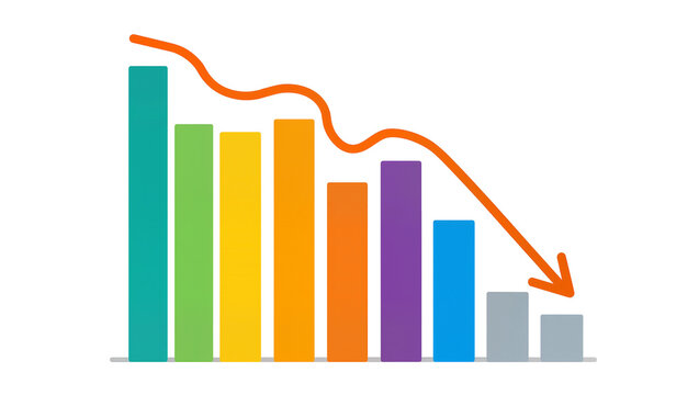 Decreasing multicolored bar graph, showing downward trend with orange arrow