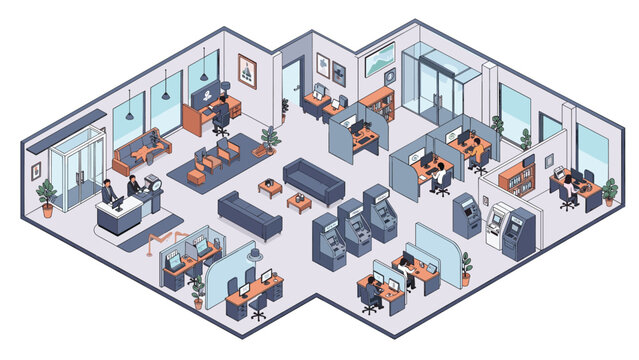 Detailed isometric view of a large modern office layout featuring workstations, meeting rooms, reception area, and lounge spaces.