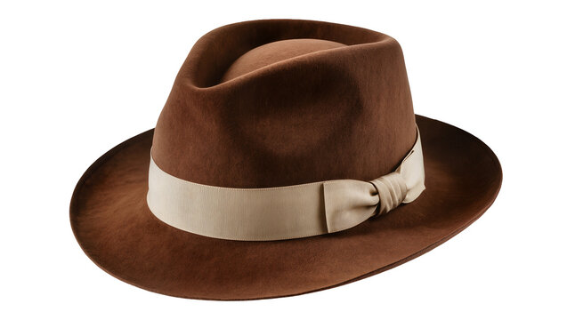 Brown felt fedora hat, featuring a light cream ribbon band and indented crown