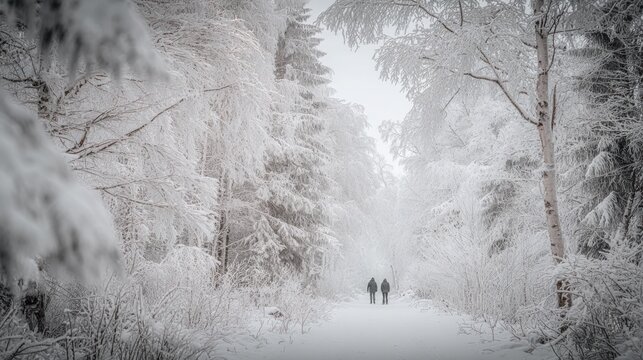 Winter season adventure exploration. Two people walking down a snowcovered path in a snowy forest. The trees are covered in a thick layer of snow, and the path is also blanketed in a layer of white.