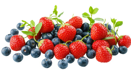 Obraz premium Fresh ripe strawberries nestled amongst plump juicy blueberries, accented with vibrant green leaves