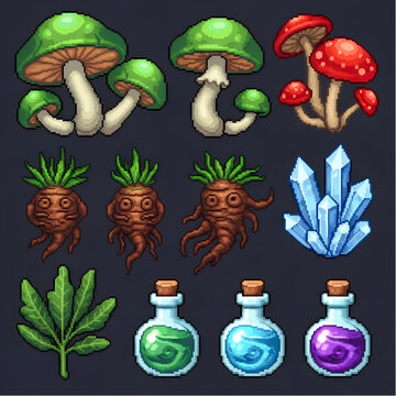 Magic Alchemy Pixel Art Set with Potions, Crystals, Mandrake Roots, and Mushrooms