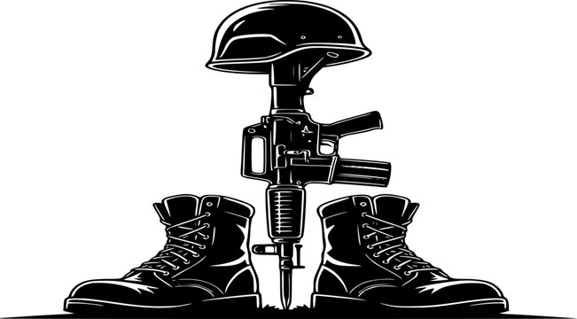 Fallen Soldier Memorial Silhouette Boots Rifle Helmet War Sacrifice Black Vector