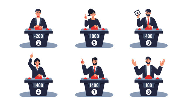 Set of various contestants participating in a television game show quiz behind podiums with scores and buzzers.