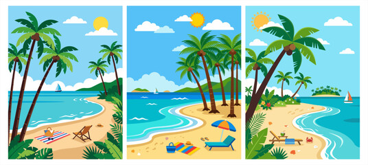 Obraz premium Tropical beach banners with palm trees, lounge chairs, picnic mats, and ocean waves vector.
