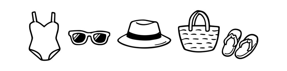 Hand-drawn summer beach accessories icons set. Minimalist vector doodles of a swimsuit, sunglasses, sun hat, straw bag, and flip-flops for vacation and travel themes. © Nort Kor