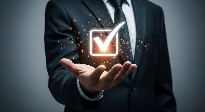 Business man holding a glowing checkmark in his palm, symbolizing success and agreement