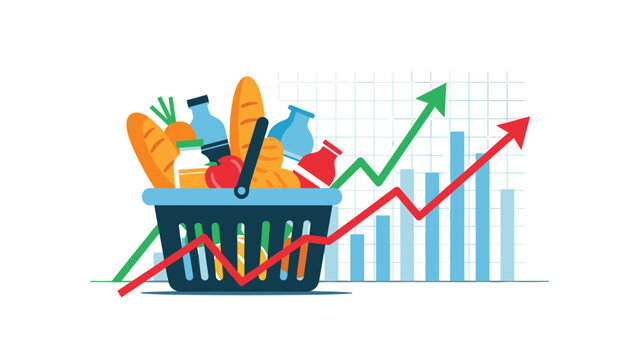 Blue plastic grocery basket filled with food items standing in front of a rising bar chart with green and red growth arrows.