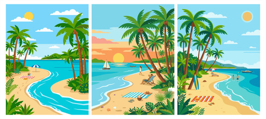Obraz premium Tropical beach banners with palm trees, ocean sunset, and summer vacation activity vector.