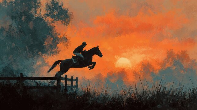 Horse and rider jumping fence at sunset with golden hour light and dramatic sky