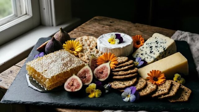 Gourmet cheese platter arrangement with honeycomb, fresh fig and edible spring flower on stone board. Appetizer serving for festive meal, gourmet snack concept for party table with rustic wooden