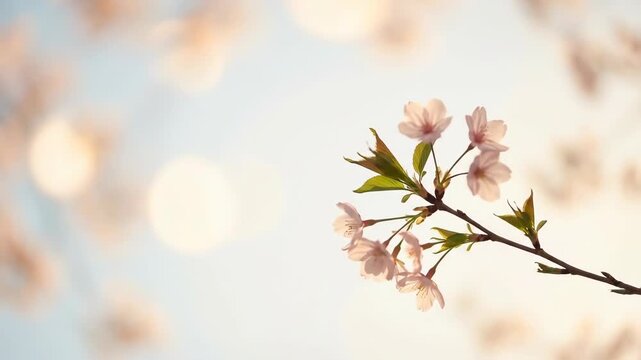 Cherry blossom branch swaying in the gentle wind. Pink flower blooming on tree during spring. Nature awakening, seasonal renewal, and garden