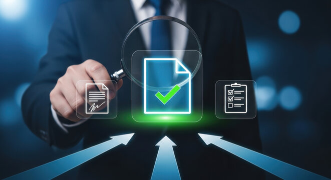Business professional reviewing and approving digital documents with magnifying glass interface, representing document verification, approval workflow, DMS system, compliance audit, process control.
